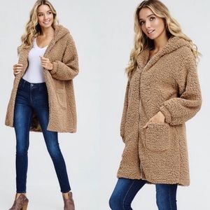 Camel Teddy Coat with Hood and zipper